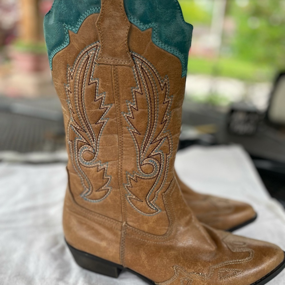 Coconuts by Matisse Tan and Teal Heeled Boots - Picture 8 of 13